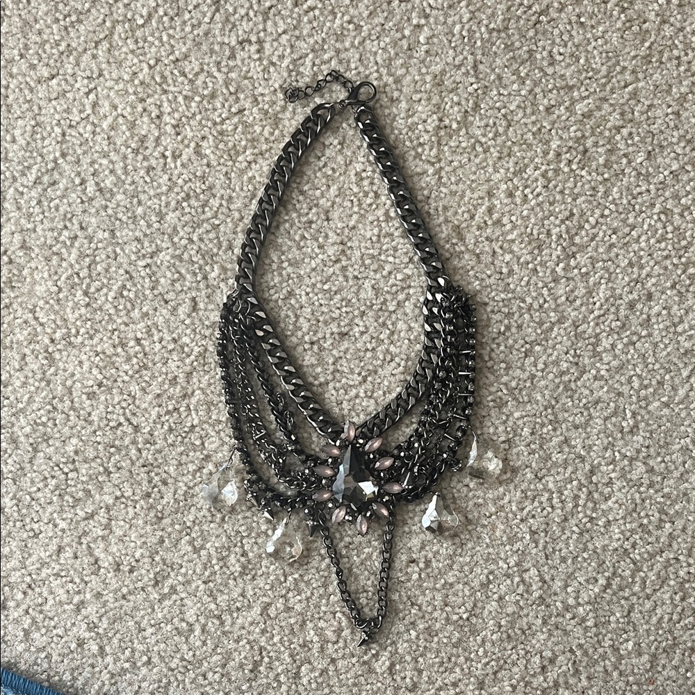 Gunmetal Statement Necklace with Clear and Blush Accents